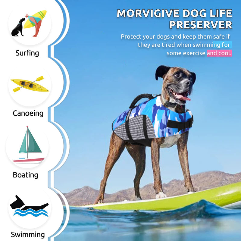 MORVIGIVE Camo Dog Life Jacket, Ripstop Dog Life Vest Float Coat with Superior Buoyancy & Rescue Handle, Adjustable Puppy Swimming Vest Pet Life Preserver for Small, Medium, Large Dogs Blue - PawsPlanet Australia