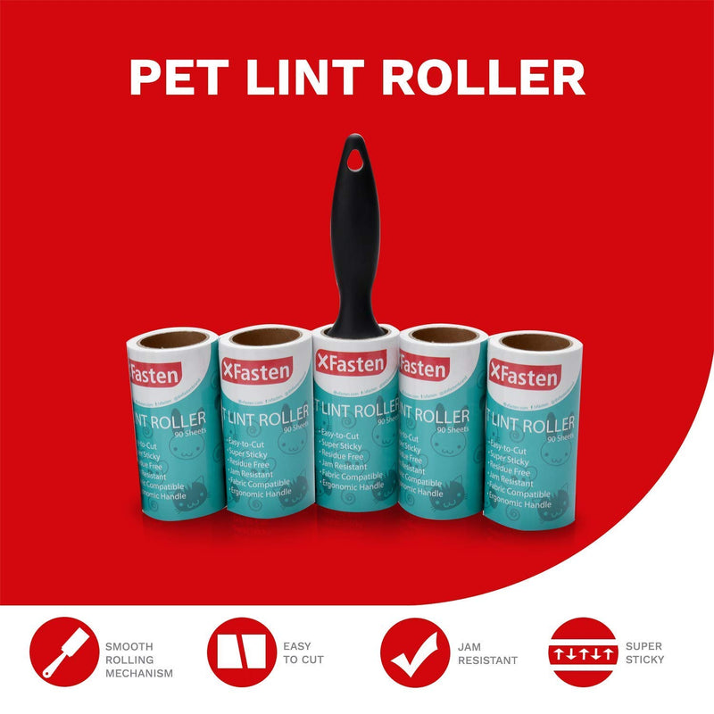 [Australia] - XFasten Pet Lint Roller; 1 Roller + 5 Refill Rolls (90 Sheets Each); Cat, Dog and Pet Hair, Fur and Lint Remover Roller Extra Sticky for Furniture, Car, Carpet and Clothes w/Roller Refill 