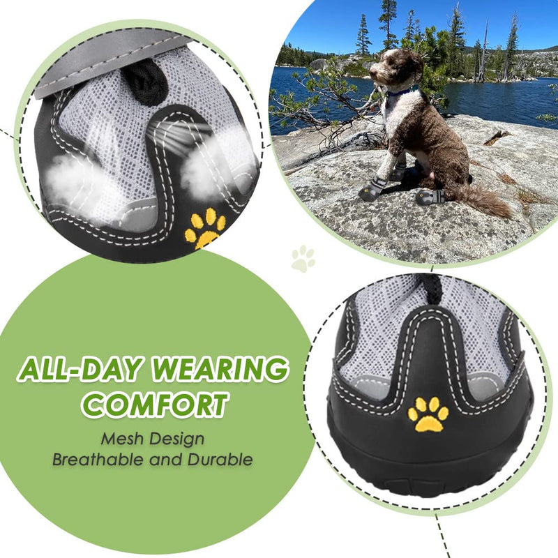 Eyein Dog Shoes Breathable, Dog Boots Paw Protector with Dual Adjustable Reflective Straps for Dogs Walking Running Hiking, Waterproof Anti-Slip Rubber Heat Resistant Booties for Hot Pavement Grey Mesh(4pcs) Size 2#(L*W): 6.0*4.0cm - PawsPlanet Australia