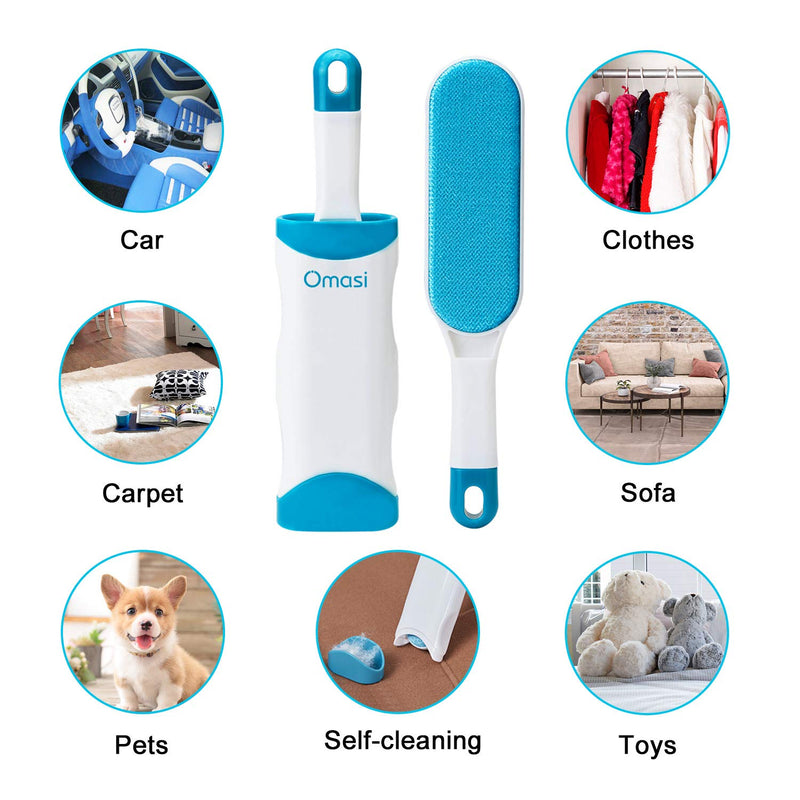 Omasi Pet Fur Hair Remover, Pet Hair Brush With Travel-sized Brush And Reusable With Self-cleaning Base For Dog Cat Hair, Clothes, Car Seat Blue 2 - PawsPlanet Australia
