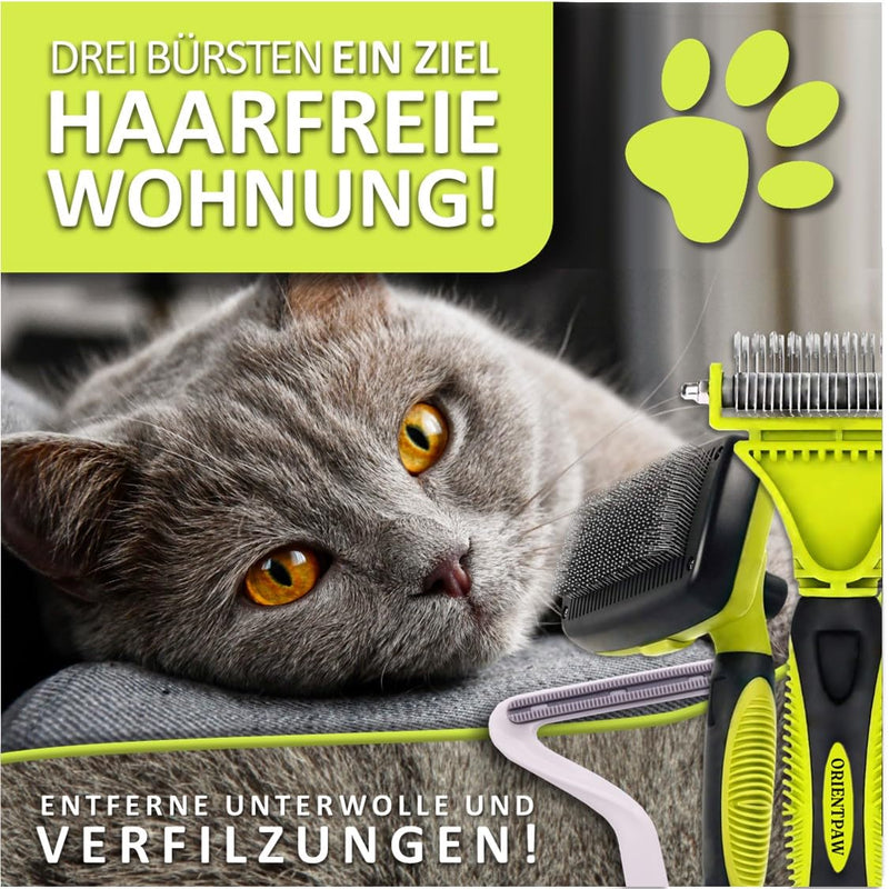 ORIENTPAW® professional cat brush set of 3 - cat care set - 100% comfort and hygiene thanks to rounded massage bristles - self-cleaning cat fur brush for short hair and long hair - undercoat brush for cats NATURAL GREEN - PawsPlanet Australia