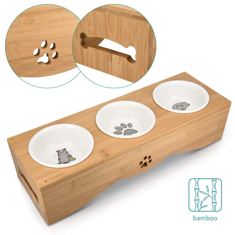 Navaris Raised Pet Bowls Stand - Elevated Triple Feeder for Cats and Small Dogs - Ceramic Cat and Dog Bowl Set with Printed Designs and Wooden Holder white / brown - PawsPlanet Australia