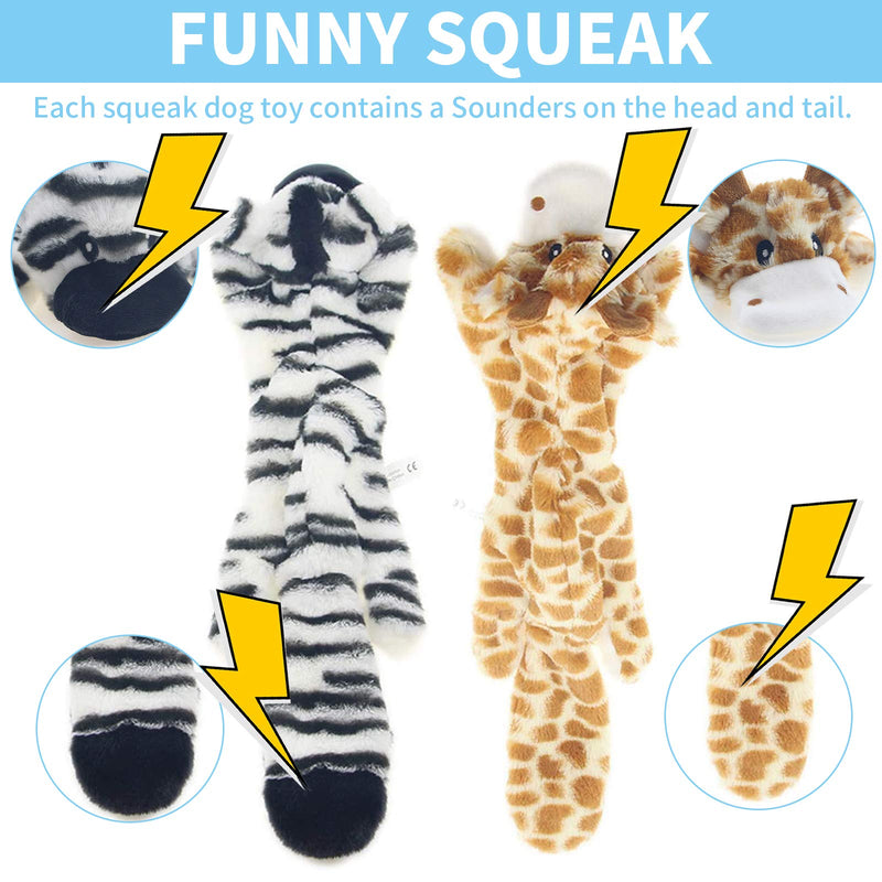 MOSNOW Dog Squeaky Plush Toys, with a circle molar toy, Squeaky Toys for Dog, Chew and Interactive Toys, Stuffingless and Durable, for Small to Large Dogs, 2 pcs (Giraffe & Zebra) - PawsPlanet Australia