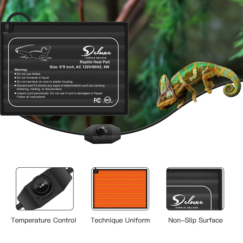 Simple Deluxe Reptile Heat Mat Temperature Adjustable Under Tank Heater Terrarium Warmer Heating Pad for Amphibians and Reptiles Pet, Multi Sizes 6 X 8 Inch - PawsPlanet Australia