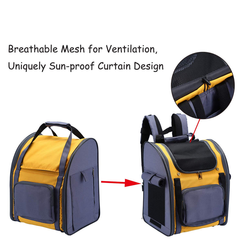 PETTOM Pet Backpack Carrier for Dogs Cats Puppies Bunny, Pet Carry Bag with Ventilated Design, Sun-proof Curtains, Two-Sided Entry, Head Window, Removable Fleece Mat for Outdoor Travel Hiking 36 * 26 * 40 CM Yellow - PawsPlanet Australia