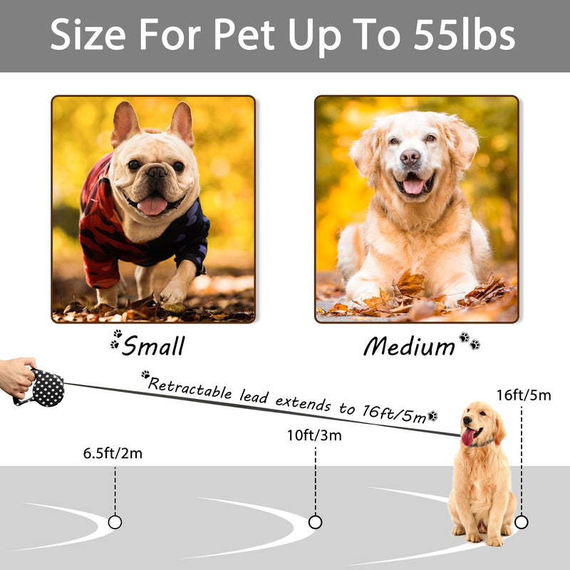 Beaface Retractable Dog Lead Extendable 16ft/5M, Retractable Dog Leads for Small Medium Dogs Up to 25KG, Extendable Dog Leads with Anti-Slip Handle, Anti-Tangled Strong Nylon Tape (Black White Dot) Black White Dot - PawsPlanet Australia