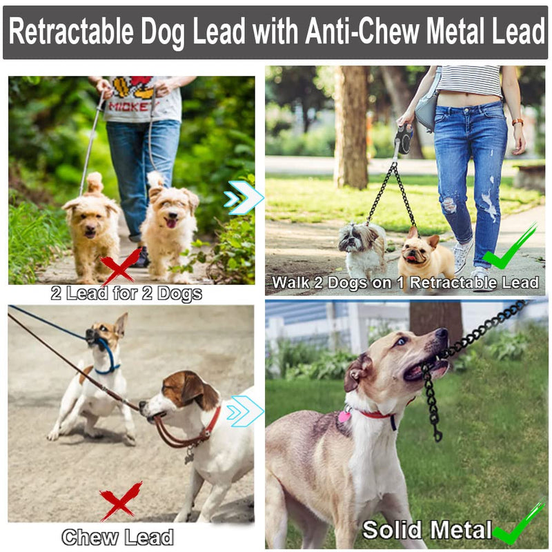 Fiyade Retractable Dog Lead for Large Medium Small Dogs, Double Retractable Dog Leash with 2 Dogs Chain Lead, Double Dog Ended Lead Extendable Dog Lead 3m + Metal Double Lead 50cm-S S-3m+50m - PawsPlanet Australia
