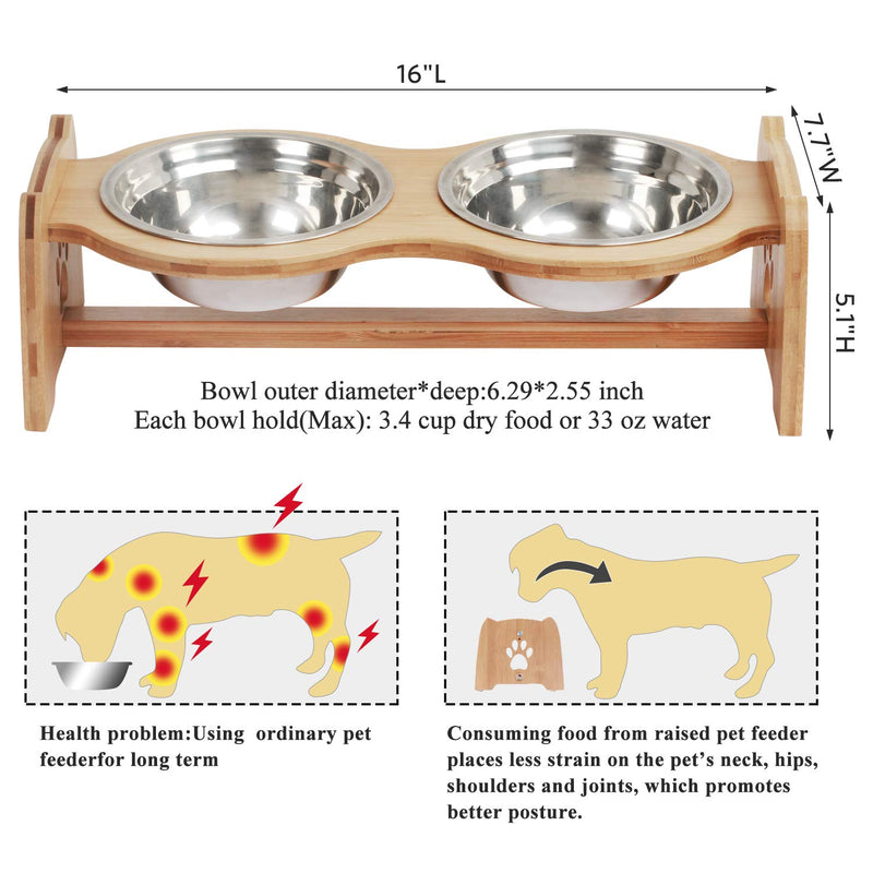 [Australia] - X-ZONE PET Raised Pet Bowls for Cats and Dogs, Adjustable Bamboo Elevated Dog Cat Food and Water Bowls Stand Feeder with 2 Stainless Steel Bowls and Anti Slip Feet Adjustable Height 4"to 4.5" 