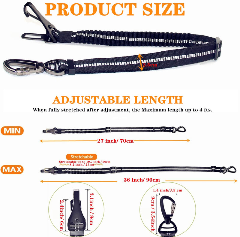Dog Seat Belt,Adjustable Dog Seatbelt for Car,3 in 1 Dog Safety Belt Leash,Reflective Bungee Dog Car Seatbelt with Hook& Buckle, Dog Car Seat Belt with Aviation Zinc Alloy Rotatable Carabiner - PawsPlanet Australia