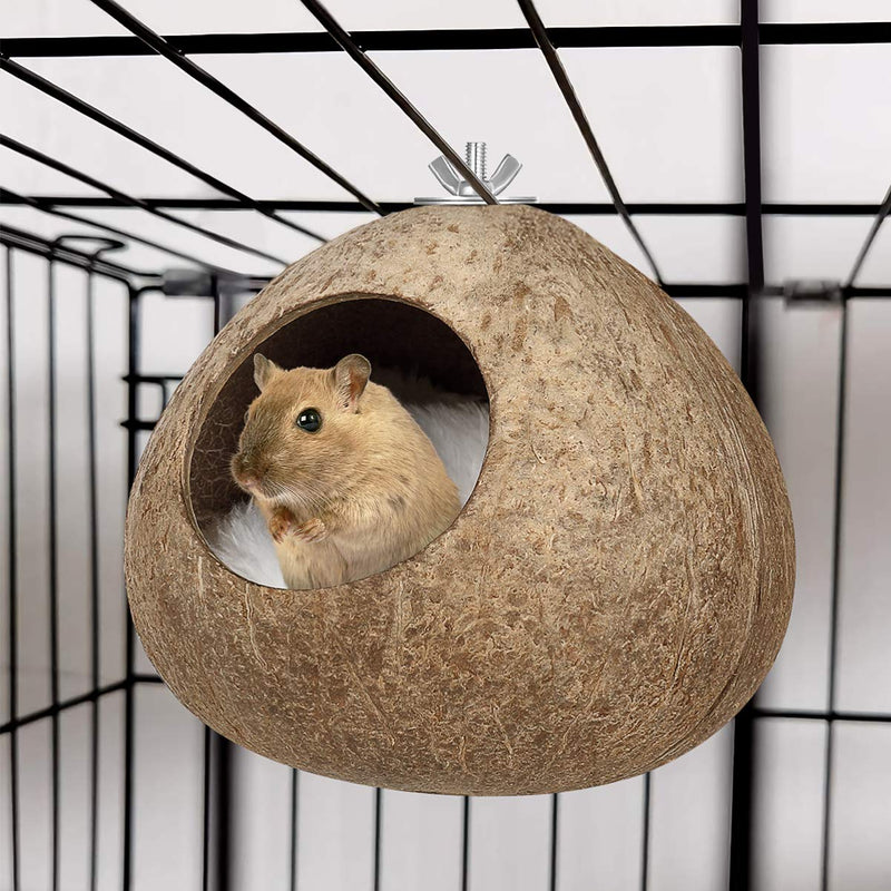 POPETPOP Natural Coconut Shell Bird House Small Animal Hideout Hut Sleeping Breeding Nest for Dwarf Hamster Parakeet Budgie Bird Cage Toy - PawsPlanet Australia