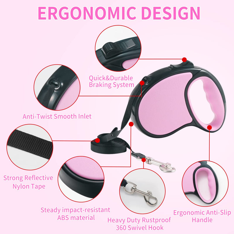 Retractable Dog Lead, ANCOOLE 5M/16FT Extendable Dog Lead 360°Tangle-Free Smooth&Durable Nylon Tape with Anti-Slip Handle, One-Handed Brake for Small Medium Dogs(Pink) Pink - PawsPlanet Australia