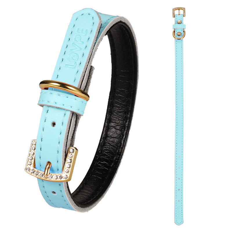 LOVPE Golden Rhinestone Buckle with Comfortable Padded Leather Pet Collars Dog Collar/Cat Collar for Cats Puppy Kitty Small Medium Dogs (XS, Blue) XS - PawsPlanet Australia