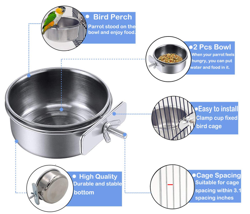 [Australia] - HERCOCCI 2 Pack Bird Feeder Bowl, Stainless Steel - Parrot Food Bowl Feeding Coop Cups Clamp Water Cage Dish with Fruit Skewer Holder for Parakeet Lovebird Conure Cockatiel Budgie Chinchilla 