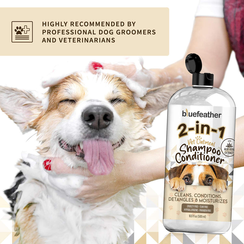 bluefeather Oatmeal Pet Shampoo and Conditioner 2 in1 with Aloe Vera – Dog Shampoo and Conditioner for Pets Dry, Itchy Skin – Bath Soap 2 in1 for Dogs, Puppies, Cats and Kittens - 16.9 Fl Oz - PawsPlanet Australia