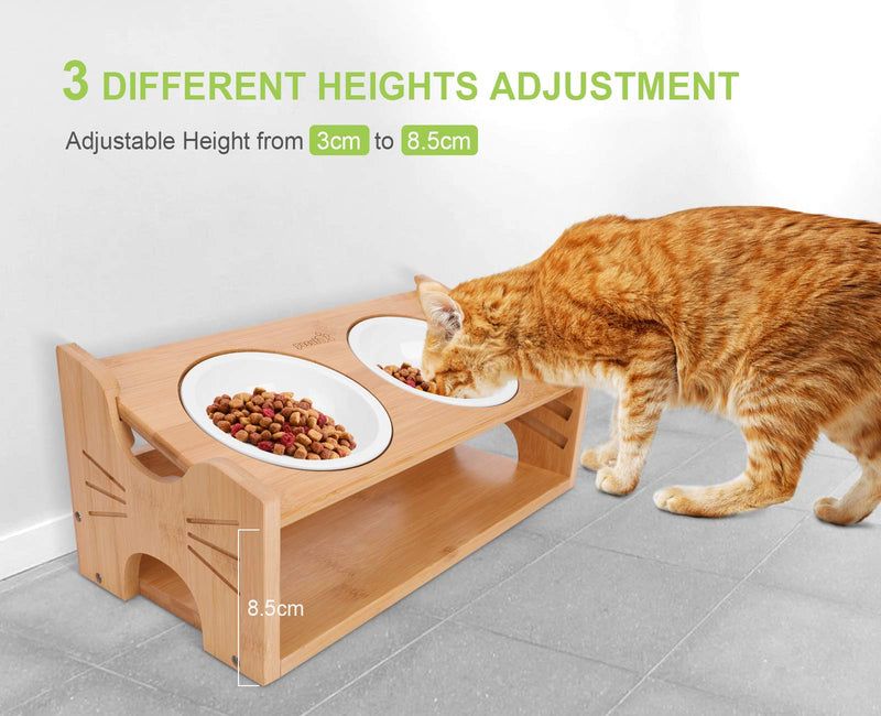 pecute Elevated Dog Cat Bowls, 15° Slanted Double Ceramic Bowl Raised Puppy Feeder Station - Three Adjustable Heights, Solid Bamboo Stand Non Slip Perfect for Cats and Small Dogs (280ml) - PawsPlanet Australia