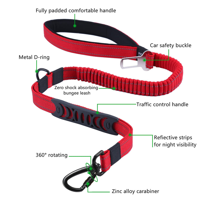 3-in-1 Strong Bungee Dog Lead, 3.6-4.9 FT No Pull Shock Absorbing Pet Long Leash with Car Seat Belt Safety Buckle, Elastic Dog Lead with Comfortable Padded Handle and Reflective Sewing (Red) Red - PawsPlanet Australia