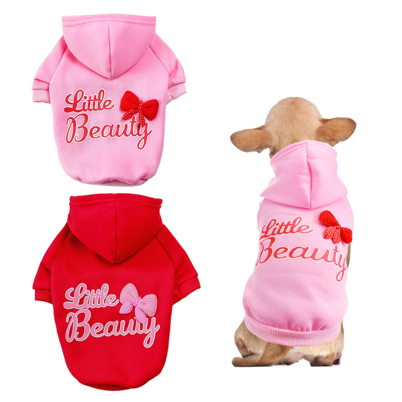 CooShou 2Pcs Dog Hoodie Sweater Pet Clothes Outfits Pink Red Dog Hoodie with Harness Hole Little Beautiful Pet Valentine's Day Birthday Dressing Up Sweater for Small Medium Breeds XS X-Small - PawsPlanet Australia