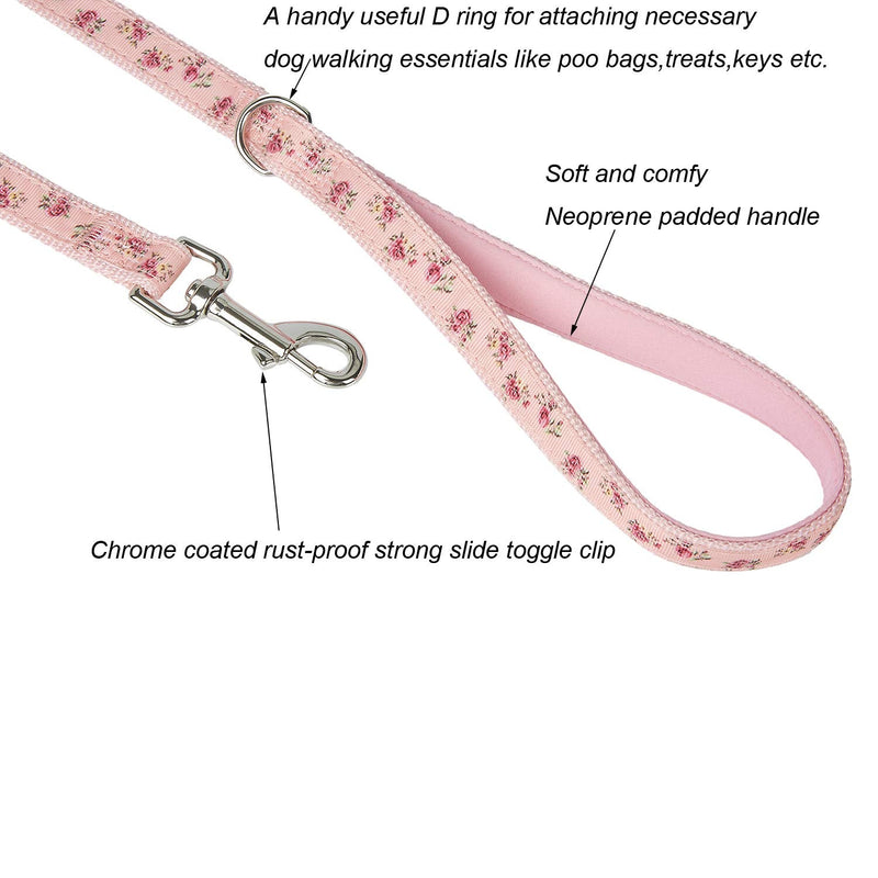 YUDOTE Floral Pattern Dog Leash with Comfortable Neoprene Padded Loop Handle and D-Ring for Daily Walking with Active Small to Medium Female Breeds, Pink M:2cm Width, 120cm Length Floral Pattern in Pink - PawsPlanet Australia