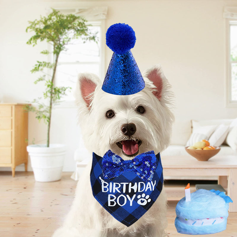 STMK Dog Birthday Party Supplies, Dog Birthday Bandana Boy with Dog Birthday Party Number Hat Bowtie Cake Squeaky Toy for Large Medium Dogs (Blue, Plaid) Blue - PawsPlanet Australia