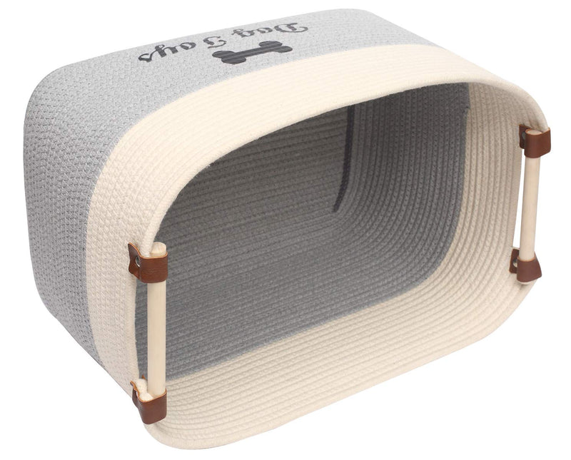 Brabtod Cotton Rope Dog Basket with Wood LeatherHandle Blanket Storage Basket Organizer for Towels, Blanket, Toys, Clothes, Gifts-beige/gray Beige/Gray - PawsPlanet Australia