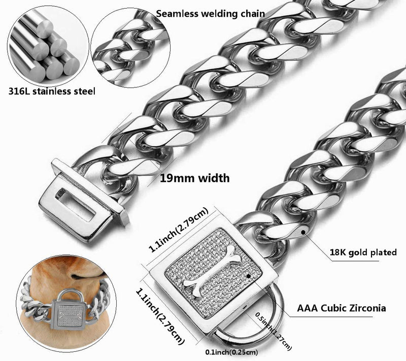 [Australia] - Aiyidi Heavy Pet Dog Collar, Stainless Steel Metal Slip Choker Collar, with Personality Rhinestone Lock, 19MM Silver Cuban Link Chain,12-26inch, Water-Proof, Chew-Proof, for Medium & Large Dogs 14 inches (for 10.1''~12'' dog's neck) 