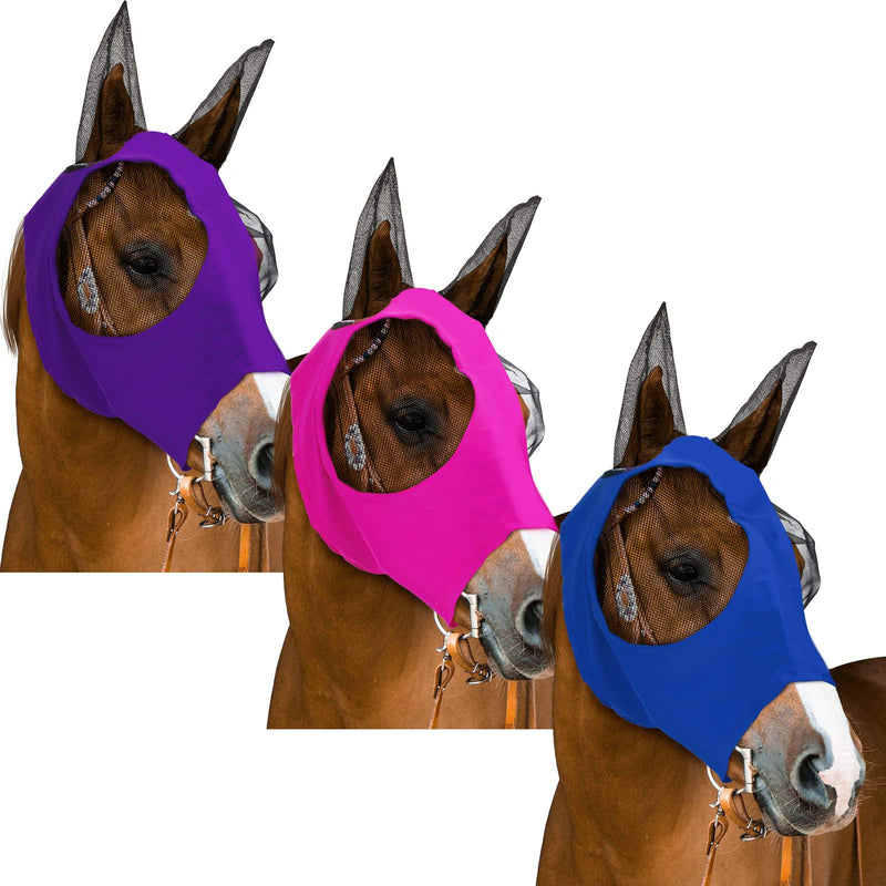 3 Pieces Horse Fly Mask Horse Mask with Ears Smooth and Elasticity Fly Mask with UV Protection, 3 Colors (L, Purple, Royal Blue, Pink) L - PawsPlanet Australia