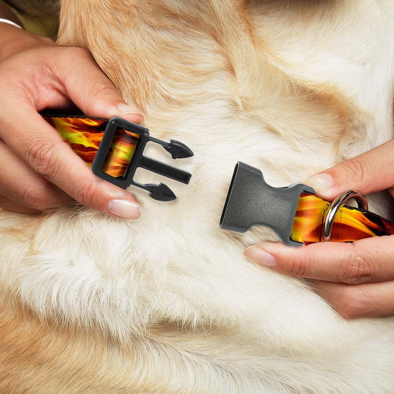 [Australia] - Buckle-Down Plastic Clip Collar - Flames Vivid Black/Orange - 1/2" Wide - Fits 9-15" Neck - Large 1" Wide - Fits 11-17" Neck - Medium 