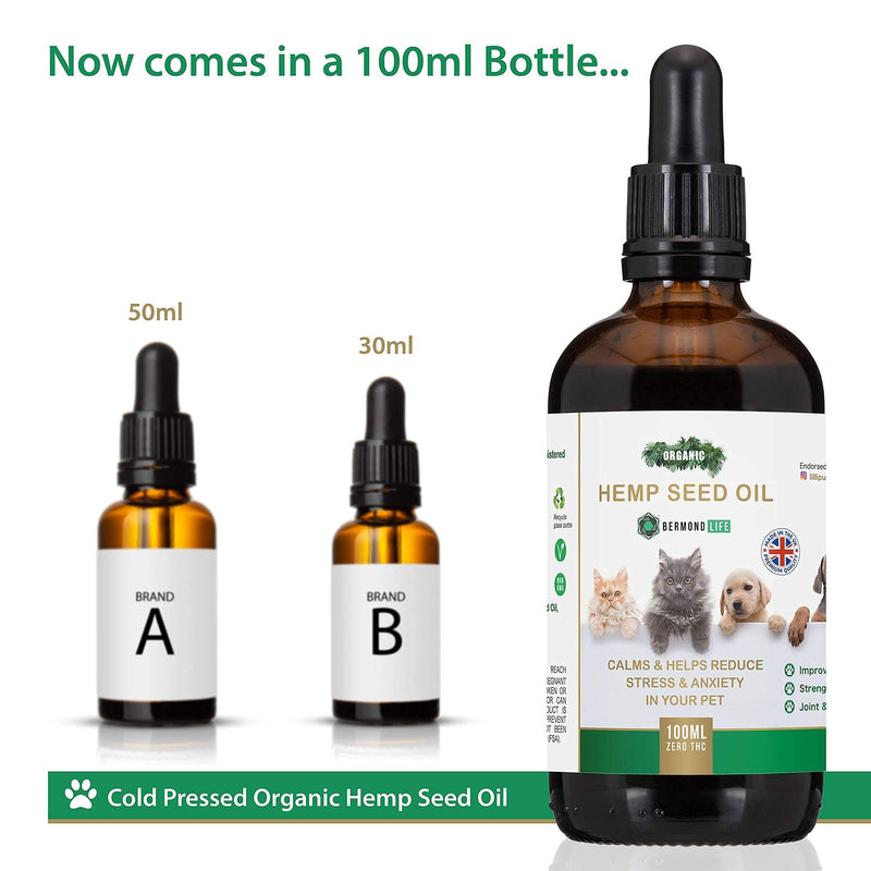 Bermond Life Hemp Oil for Dogs, Cats and Pets -100ML Large Bottle. Calming Support for Dog and Cat Anxiety, Hip and Joint Pain, Made in the UK - PawsPlanet Australia