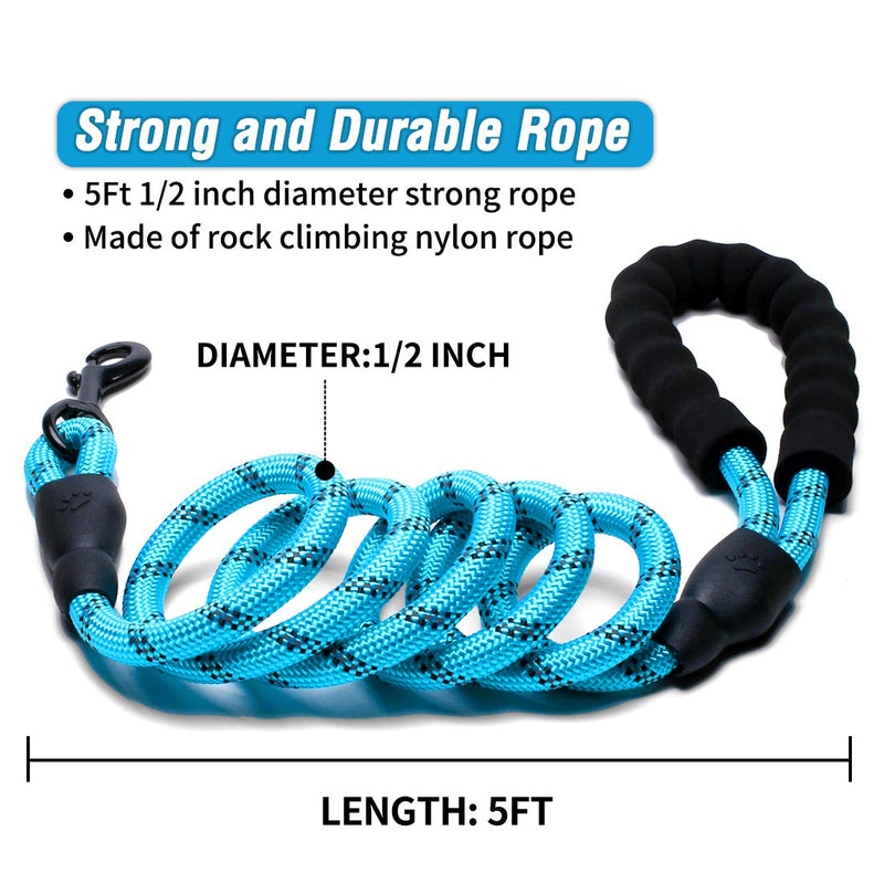 DOYOO Dog Leash 6 FT/10FT Thick Durable Nylon Rope - Comfortable Padded Handle Reflective Rope Dog Leash for Medium Large Dogs with Collapsible Pet Bowl and Garbage Bags 1 Pack 6FT Blue - PawsPlanet Australia