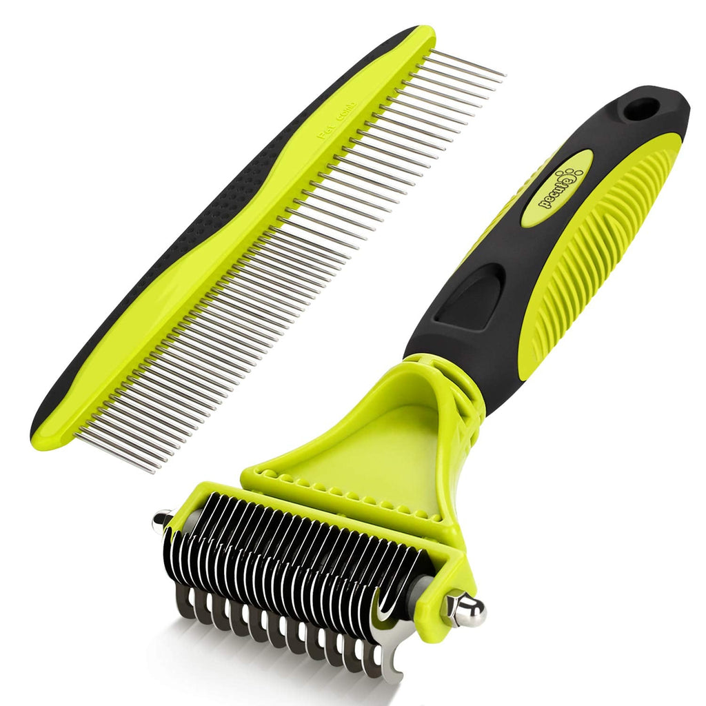 pecute dog brush cat brush for long hair 2 in 1, grooming undercoat comb undercoat brush, dog comb cat comb against matting and undercoat, double-sided blade rake comb + care comb green - PawsPlanet Australia