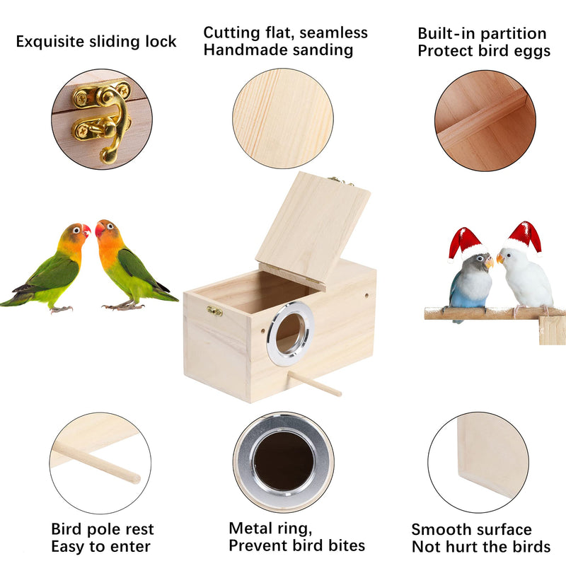 PETWAKEY-ST Birds Breeding Box,Wooden Parakeet Nesting Box Cage House with Coconut Fiber for Cockatiel Lovebirds Budgie Finch Canary (9.7”x5.1”x5.1”) - PawsPlanet Australia