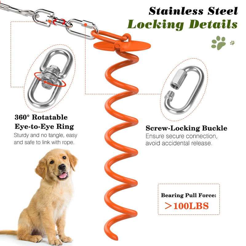 VavoPaw Dog Tie Out Cable and Stake, 360° Swivel Dog Tie Out Stake Spiral Ground Anchor, 33FT Dog Chains Stake for Dogs Outside, Outdoor, Camping, Park, Yard Garden, Red+Orange - PawsPlanet Australia