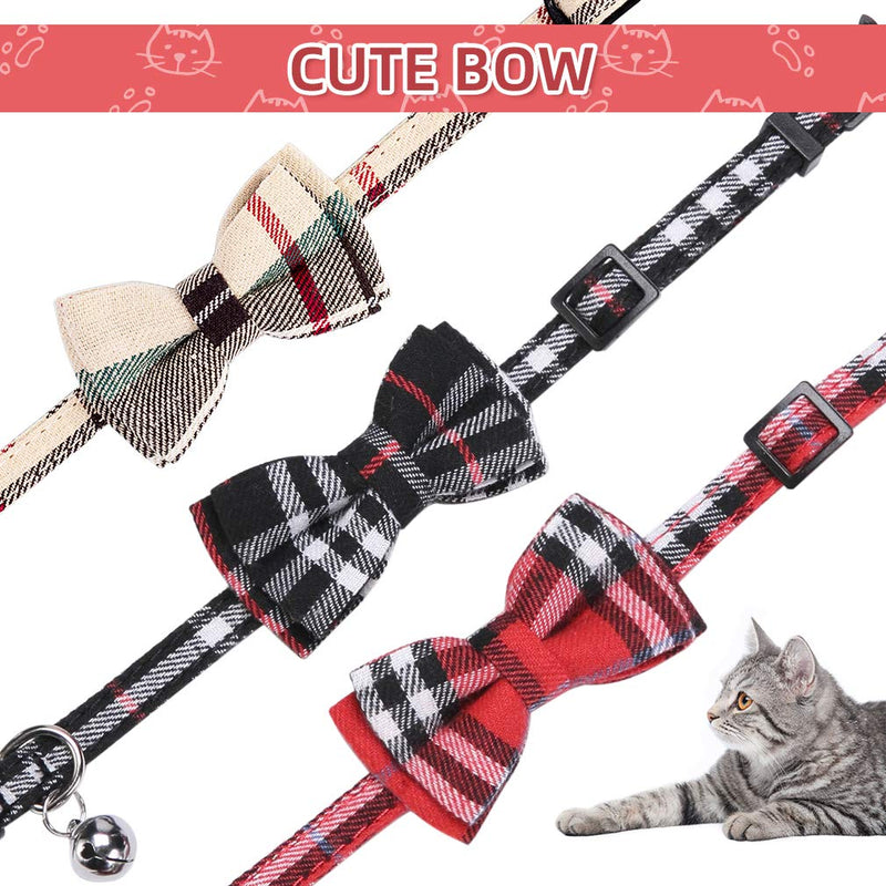 PUPTECK 3 Pack Classic Cat Collars Quick Release with Plaid Pattern and Cute Bowtie for Kitties Outdoor All Seasons (Red&Black&Cream) - PawsPlanet Australia