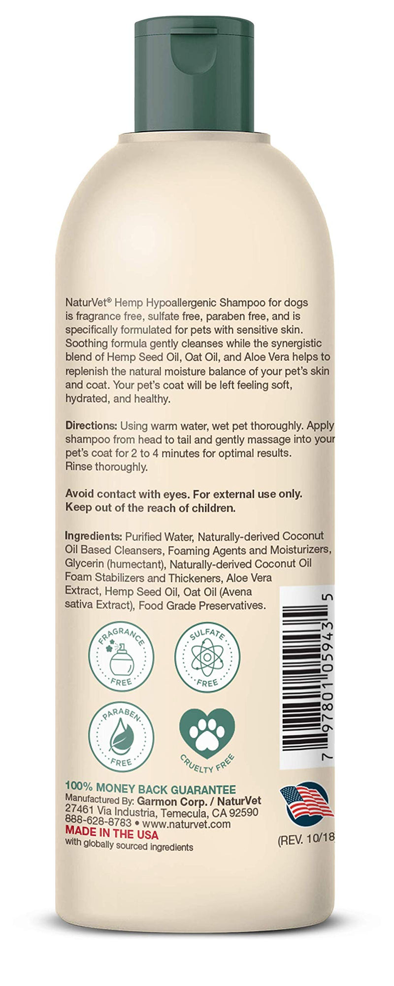 [Australia] - NaturVet – Hemp Hypoallergenic Shampoo - Plus Oat Oil & Aloe Vera – 16 oz | Gently Cleanses & Moisturizes Sensitive Skin | Enhanced with Hemp Seed Oil, Oat Oil, & Aloe Vera 16 Fl Oz 