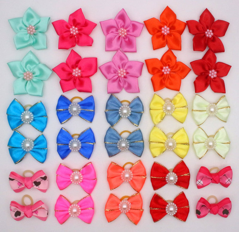 HOLLIHI 30pcs / 15 Pairs Adorable Grosgrain Ribbon Pet Dog Hair Bows with Rubber Bands - Puppy Topknot Cat Kitty Doggy Grooming Hair Accessories Bow knots Headdress Flowers Set for Groomer - PawsPlanet Australia