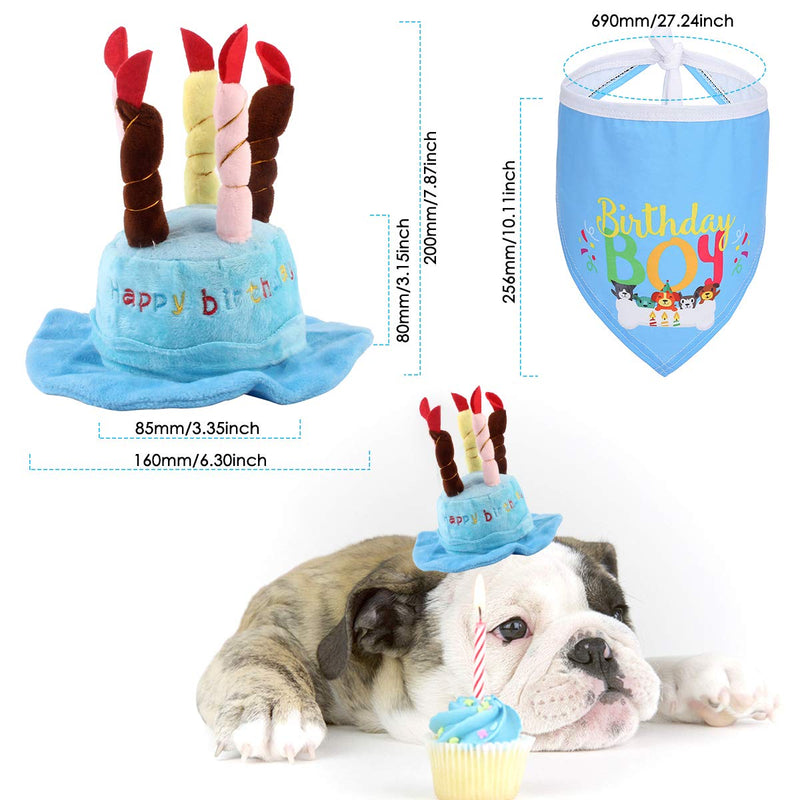 Dog Birthday Bandana Hat, 2pcs Cute Dog Birthday Candles Cake Hat with Triangle Bib Scarf for Girls Boys,Happy Birthday Boy Print Outfit for Your Lovely Dog Puppy Pet Birthday Supplies Blue - PawsPlanet Australia