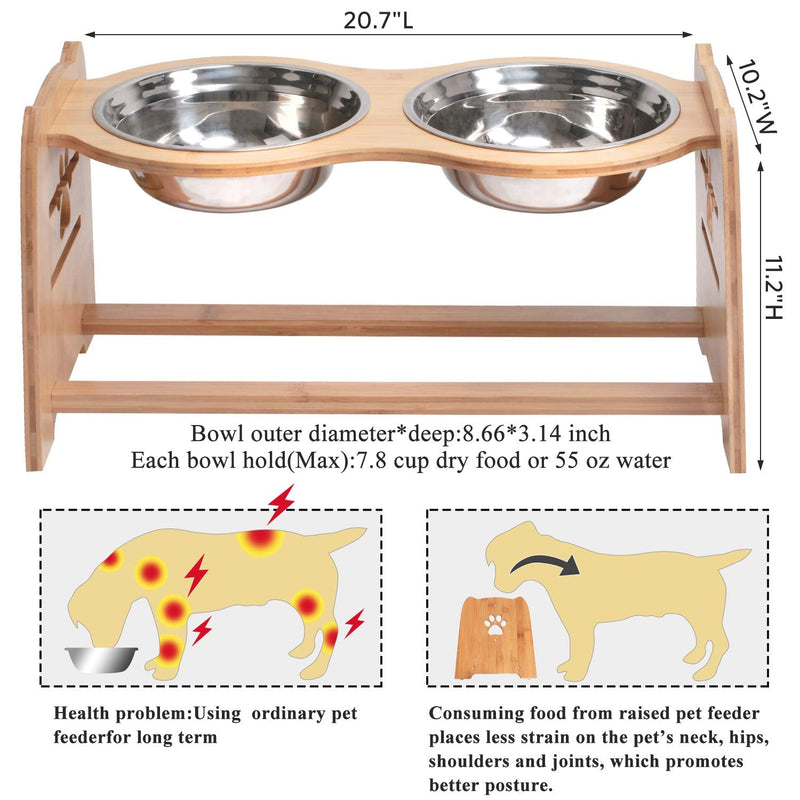 X-ZONE PET Raised Pet Bowls for Cats and Dogs, Adjustable Bamboo Elevated Dog Cat Food and Water Bowls Stand Feeder with 2 Stainless Steel Bowls and Anti Slip Feet Adjustable Height 5.1 to 7.5 to 10 - PawsPlanet Australia