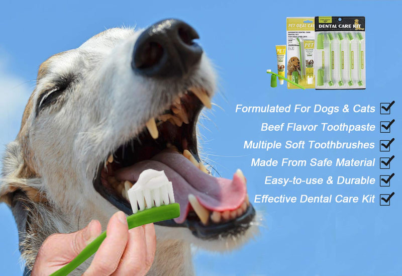 Dolzzeiy Dog Dental Care Kit Pet Oral Care Kit. One Pack-Beef Flavor Toothpaste with Long Toothbrush and Finger Toothbrush, One Pack-2 Finger Toothbrush and 4 Double-Headed Toothbrushes (2 Packs) - PawsPlanet Australia