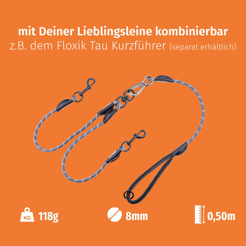 Floxik Tau double leash for 2 dogs grey/orange - reflective, stretchy and tangle-free - double dog leash for coupling - perfect for small to medium dogs small | ø 8mm - PawsPlanet Australia