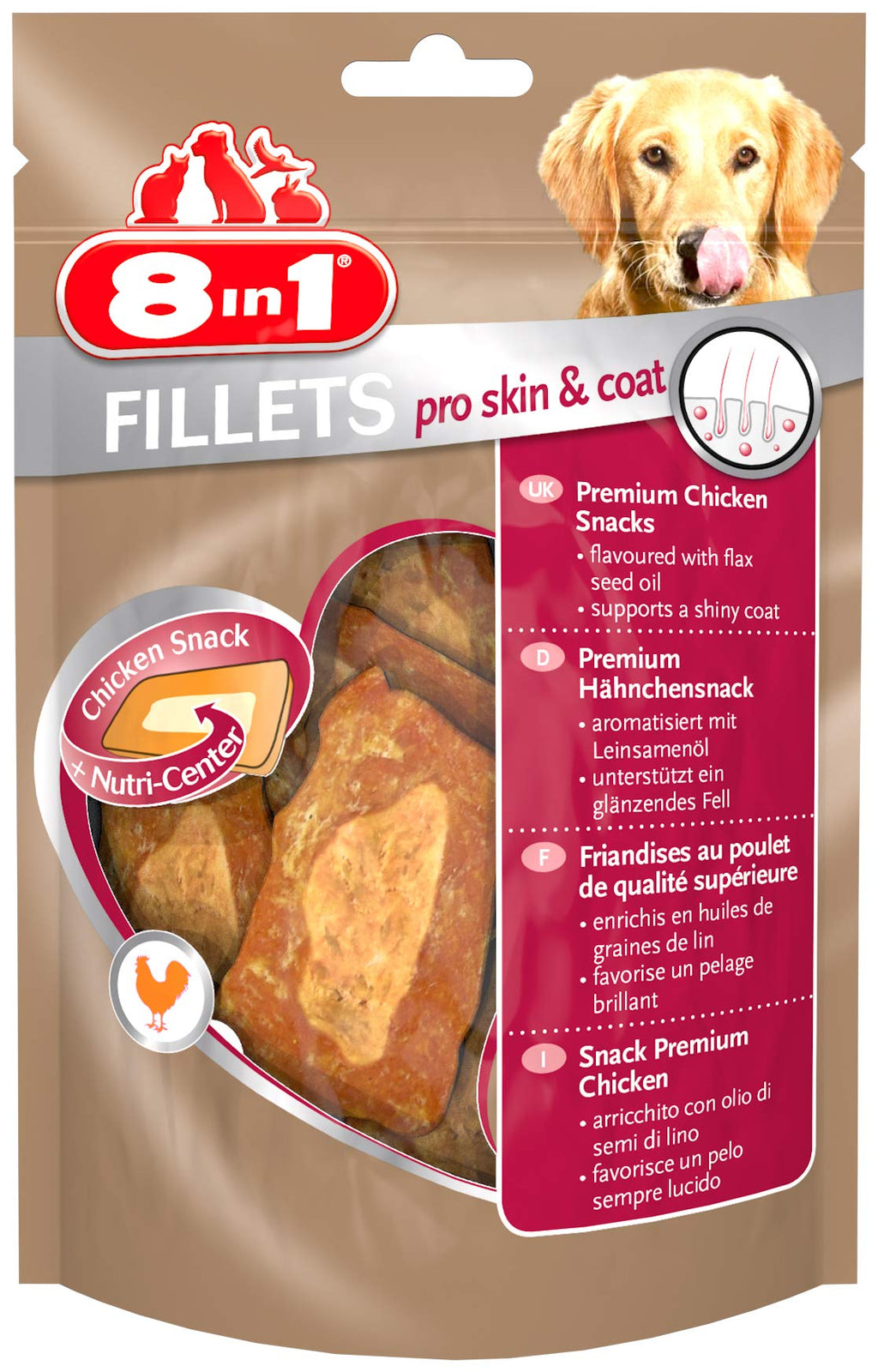 8in1 Fillets Pro Skin & Coat Dog Snack with Chicken, Functional Treats for Dogs, Flavored with Flaxseed Oil, 80g Bag 80g (Pack of 1) - PawsPlanet Australia