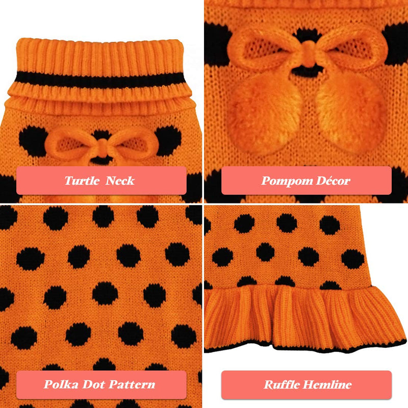 kyeese Dog Sweater Dress Turtleneck Polka Dot Dog Sweaters Knitwear Warm Pet Sweater with Pom Pom Ball X-Small Polkadot (Orange) - PawsPlanet Australia