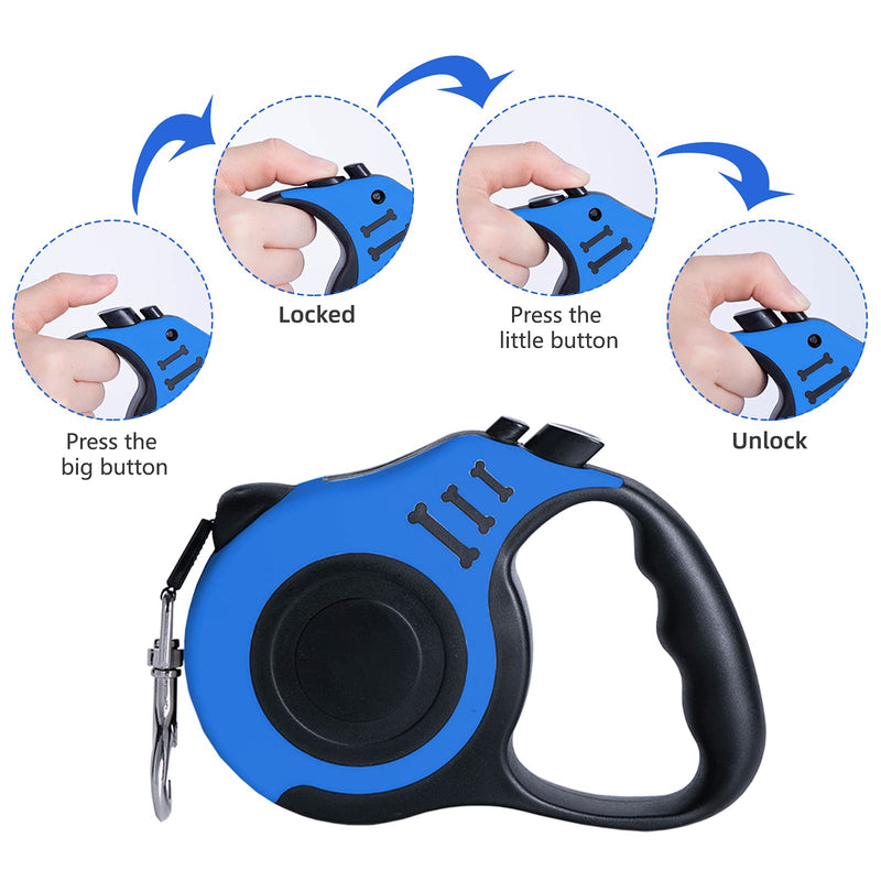 Dunhuang Retractable Dog Leash for X-Small/Small/Medium, 10ft/16ft (for Dogs Up to 22lbs/33lbs), with 1 Free Portable Silicone Dog Bowl + 1 Waste Bag Dispenser + 3 Waste Bag 10ft (for Dogs Up to 22lbs) Blue - PawsPlanet Australia