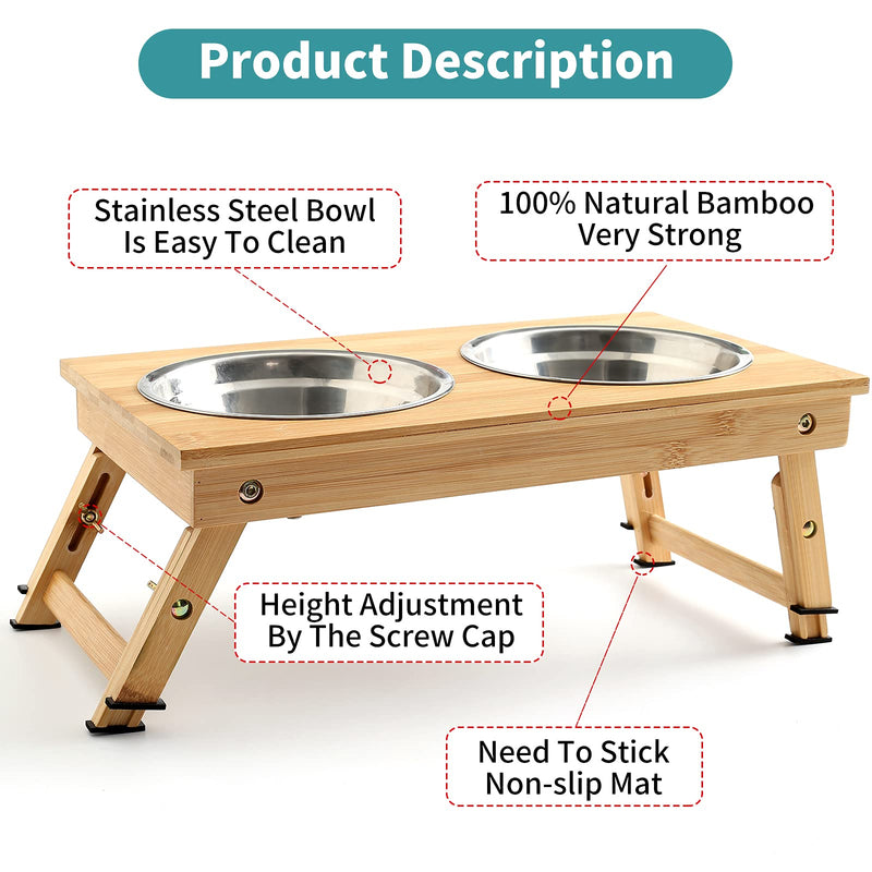 CYBMBO Raised Pet Bowls for Dogs and Cats, Adjustable Elevated Dog Bowls for Small and Medium Size Dog, Food Water Bamboo Feeder with Stand, 2 Bowls, Non-Slip, No Need Assemble (Height 5.12" - 6.69") - PawsPlanet Australia