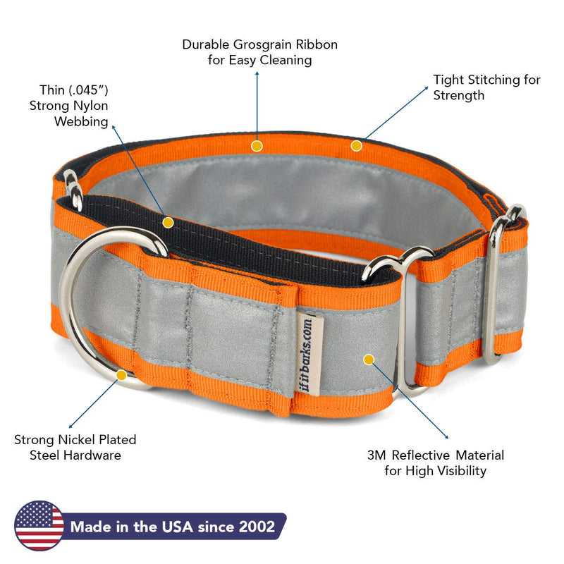 [Australia] - If It Barks - 1.5" Reflective Martingale Collar for Dogs - Adjustable - Made in USA - Strong, Durable, and Comfy - Ideal for Training - Suitable for Most Breeds Medium (15"-22") Orange 