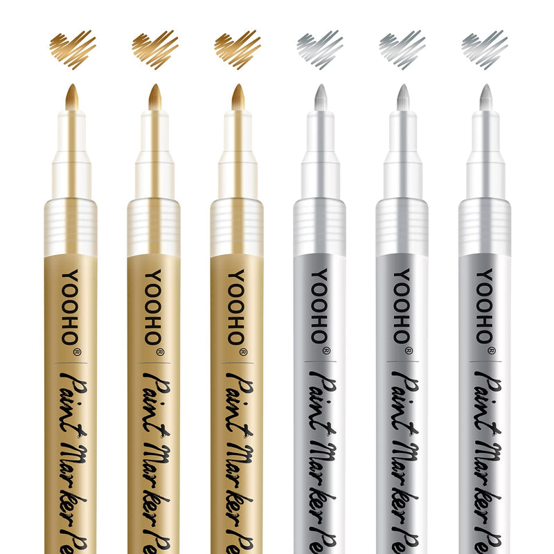 YOOHO Gold Silver Metallic Pens Acrylic Pens Set Waterproof 0.7 mm Thin Tip Multimarker for Stones Wood Glass Scrapbook Canvas Leather Ceramic DIY Drawing (3 Gold and 3 Silver) - PawsPlanet Australia