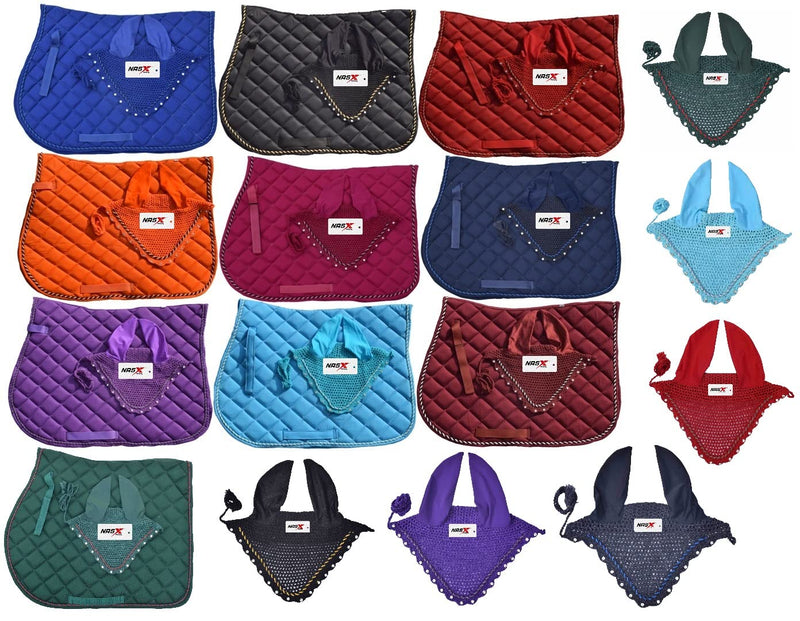 Saddle Pads with Matching Diamante Set Fly Veil Bonnet Ear bonnet Padded Numnah (COB, Black) COB - PawsPlanet Australia