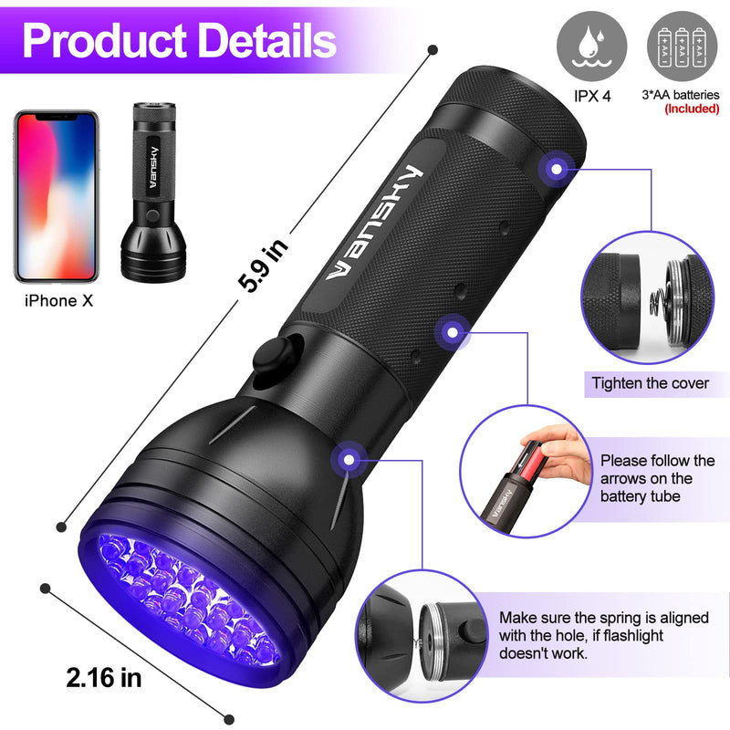 Black Light UV Flashlight,Vansky 2022 Upgraded 51 LED Blacklight Pet Urine Detector for Dog/Cat Urine,Dry Stains,Bed Bug, Matching with Pet Odor Eliminator（Batteries are Included） - PawsPlanet Australia