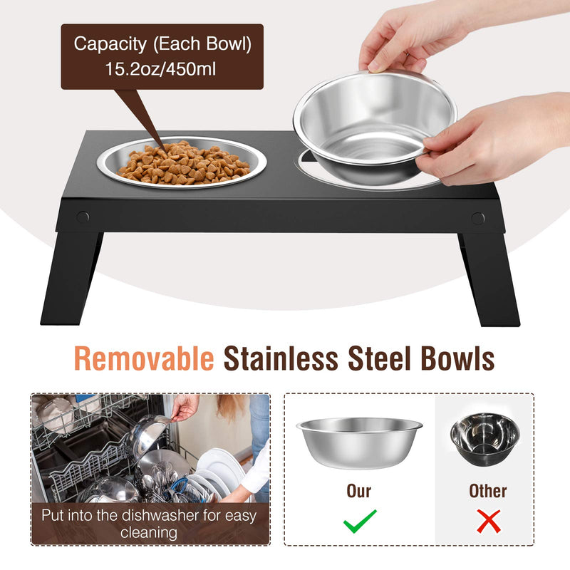 Lewondr Elevated Dog Bowls, Metal Shelf + 2 Dog Food Stainless Steel Bowls Pet Dishes Water Bowls, Non-Slip No Spill Foldable Raised Pet Bowls for Cats and Dogs, Dishwasher Safe - Black - PawsPlanet Australia