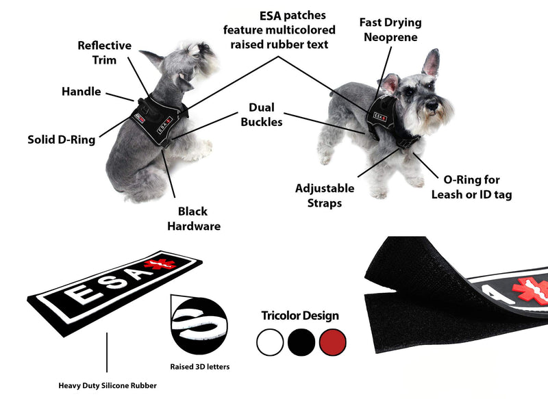 [Australia] - Dogline Quest No-Pull Dog Harness with 3D Rubber ESA Removable Patches Reflective Soft Comfortable Dog Vest with Quick Release Dual Buckles Black Hardware and Handle Girth 25" to 31" 