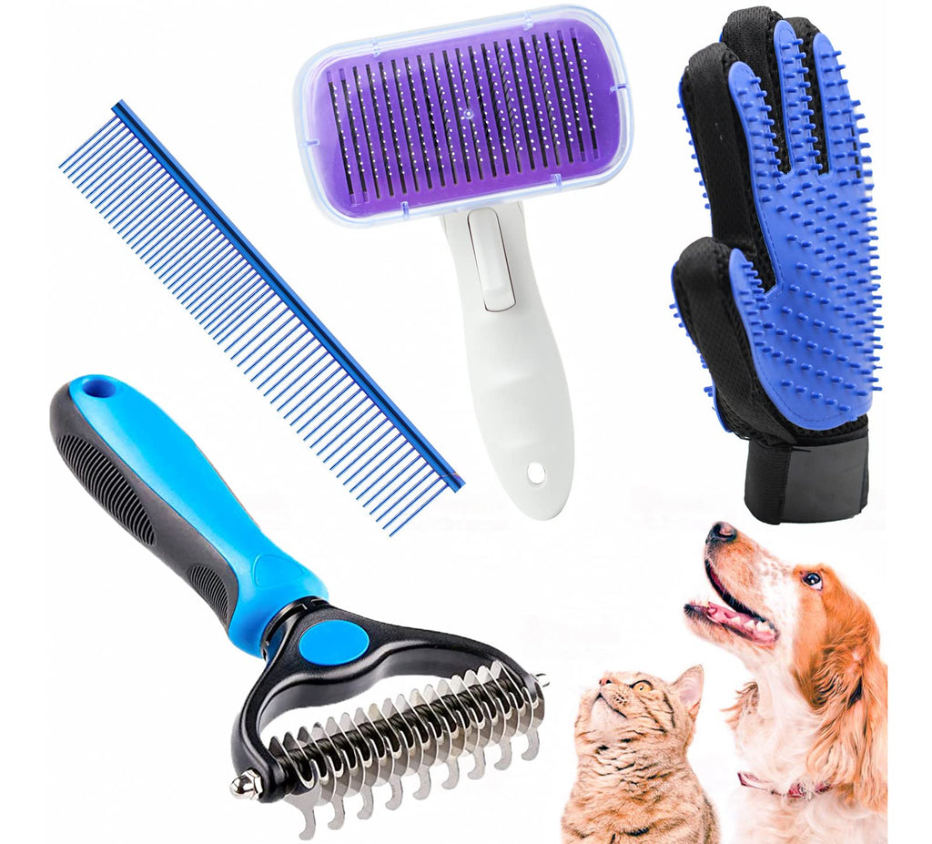 Crafterlife Pet Grooming Tools Set Kit with Self Cleaning Slicker Brush Pet Hair Remover Massage Mitt Deshedding Glove Shedding Dematting Comb Stainless Steel Comb for Long & Short Haired Cats Dogs Blue, Purple - PawsPlanet Australia